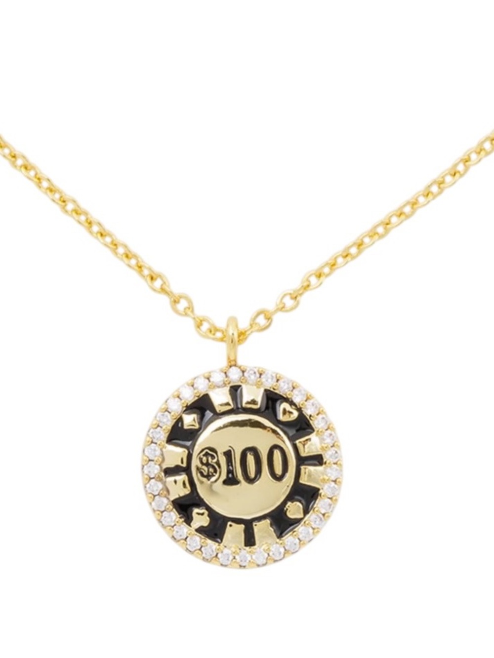 New Amanda Blu $100 Poker Chip Black Cubic Zirconia 18K Dipped Gold Necklace